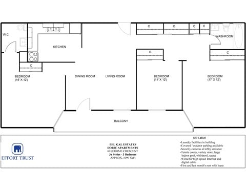 Floor plan for 3 beds, 1.5 baths